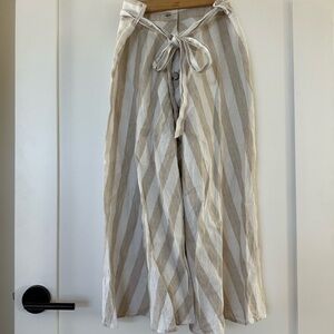 Saks Fifth Avenue Tan White Stripe Belted A-Line Button Front Midi Skirt